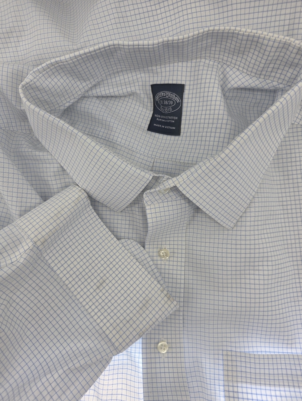 Brooks Brothers Shirt Mens 20 38/39 White Blu Long Sleeve Button Non Iron Stret